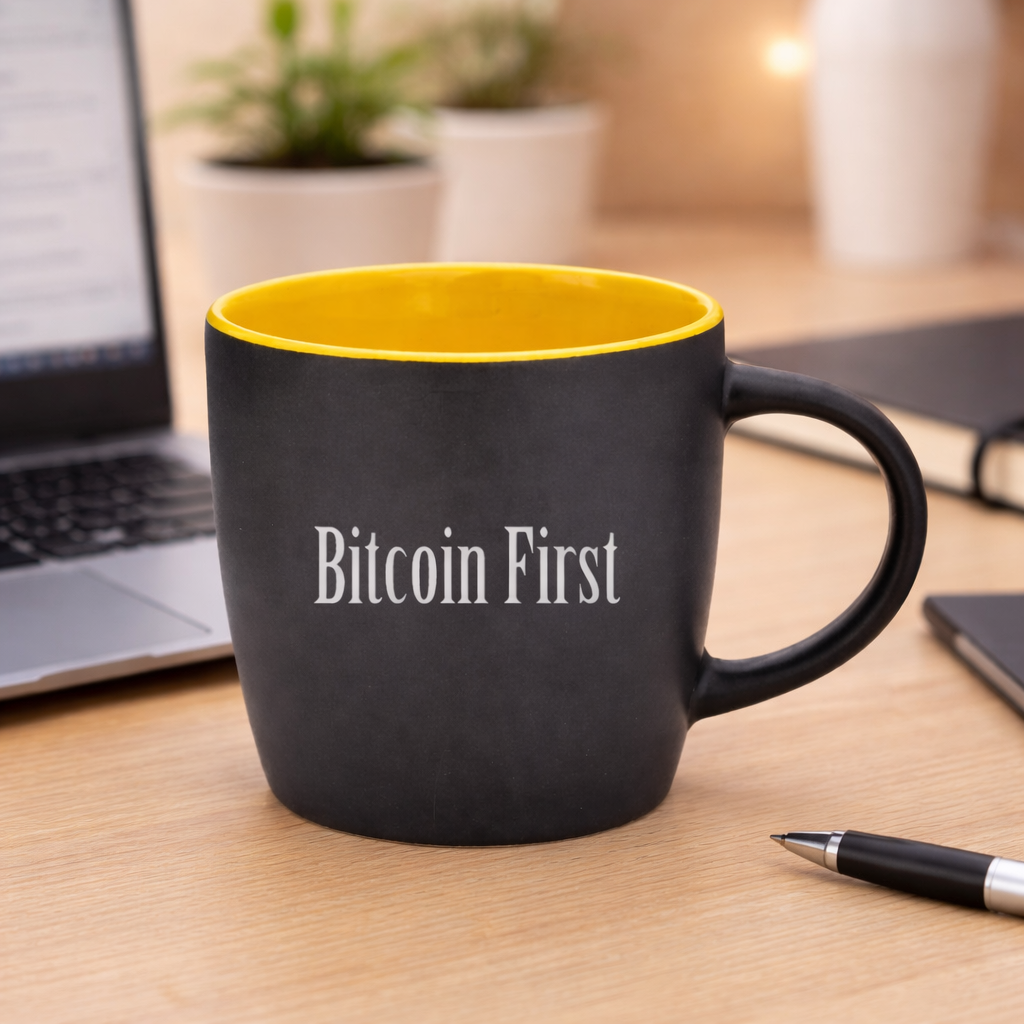 Czarny kubek porcelitowy Bitcoin First z żółtym wnętrzem na biurku